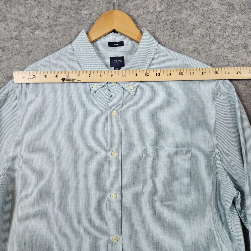 J Crew Green & White Striped Linen/Cotton Size‎ XL Slim Fit Shirt MINOR SNAGS
